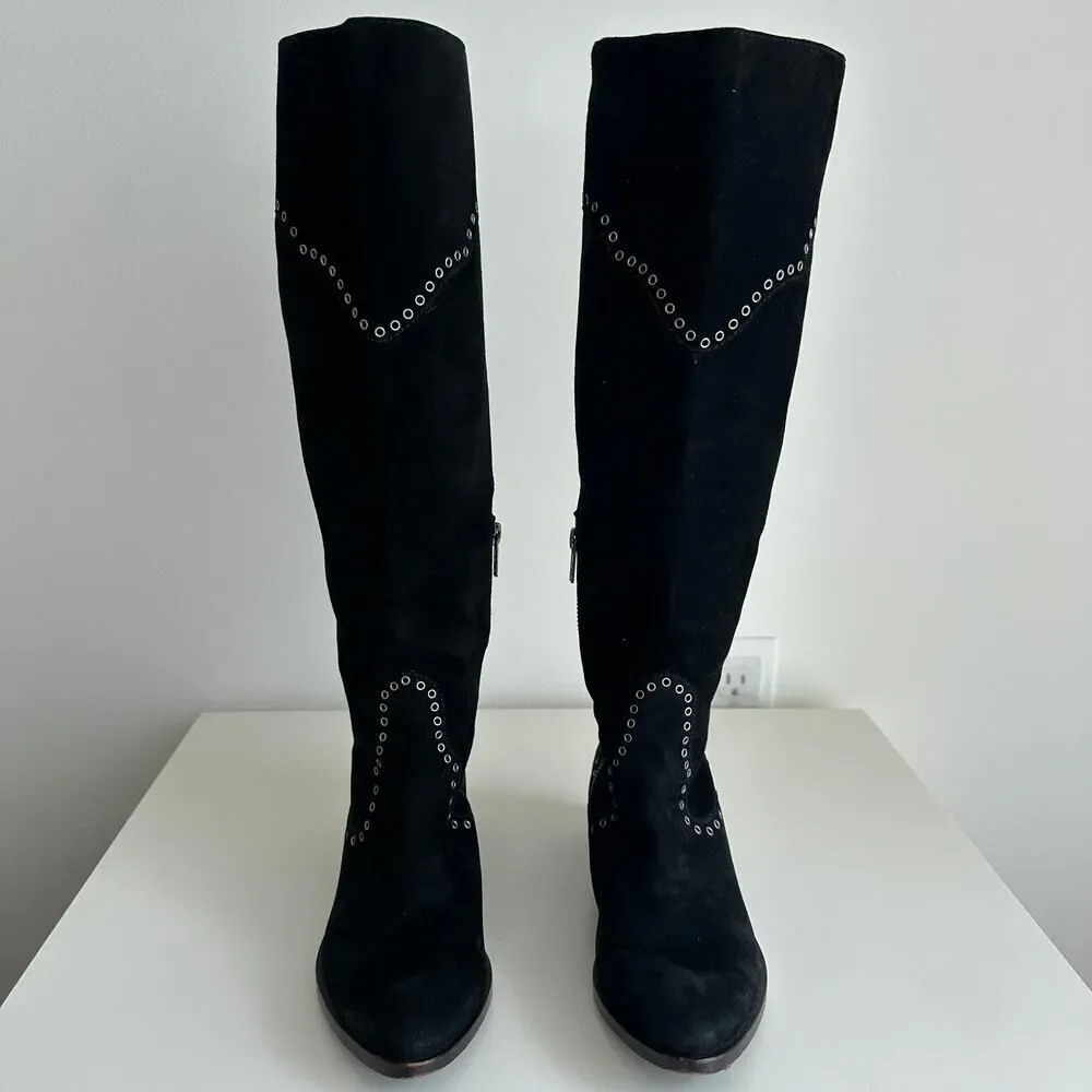 FRYE Boots Womens 6.5 Black Over The Knee Suede Leather Ray Grommet Studded
